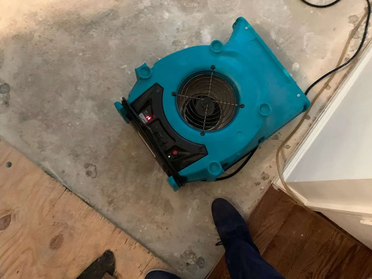 Air mover drying subfloor during Leak Detection & Repair in Pleasantville